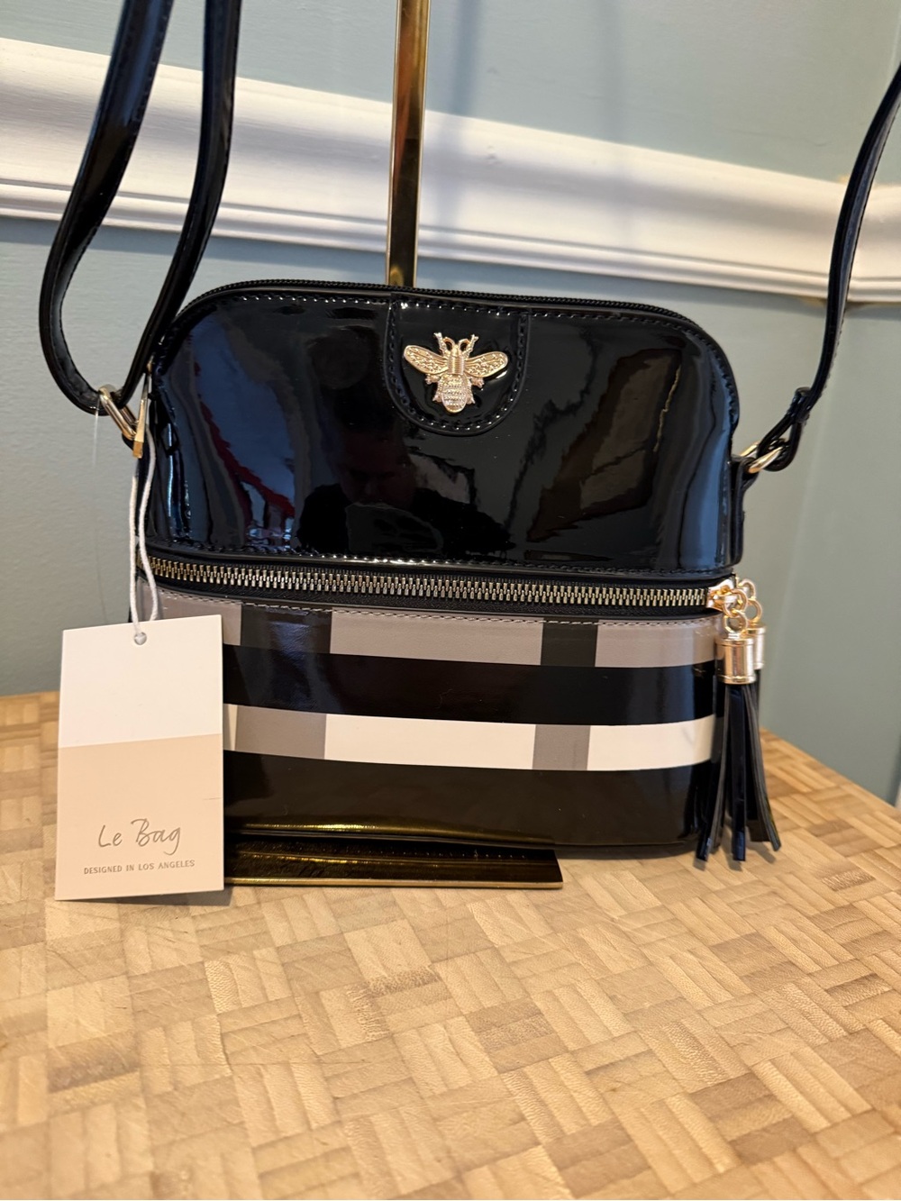 Black Patent Crossbody with Stripe Detail and Bee Accent New With Tag